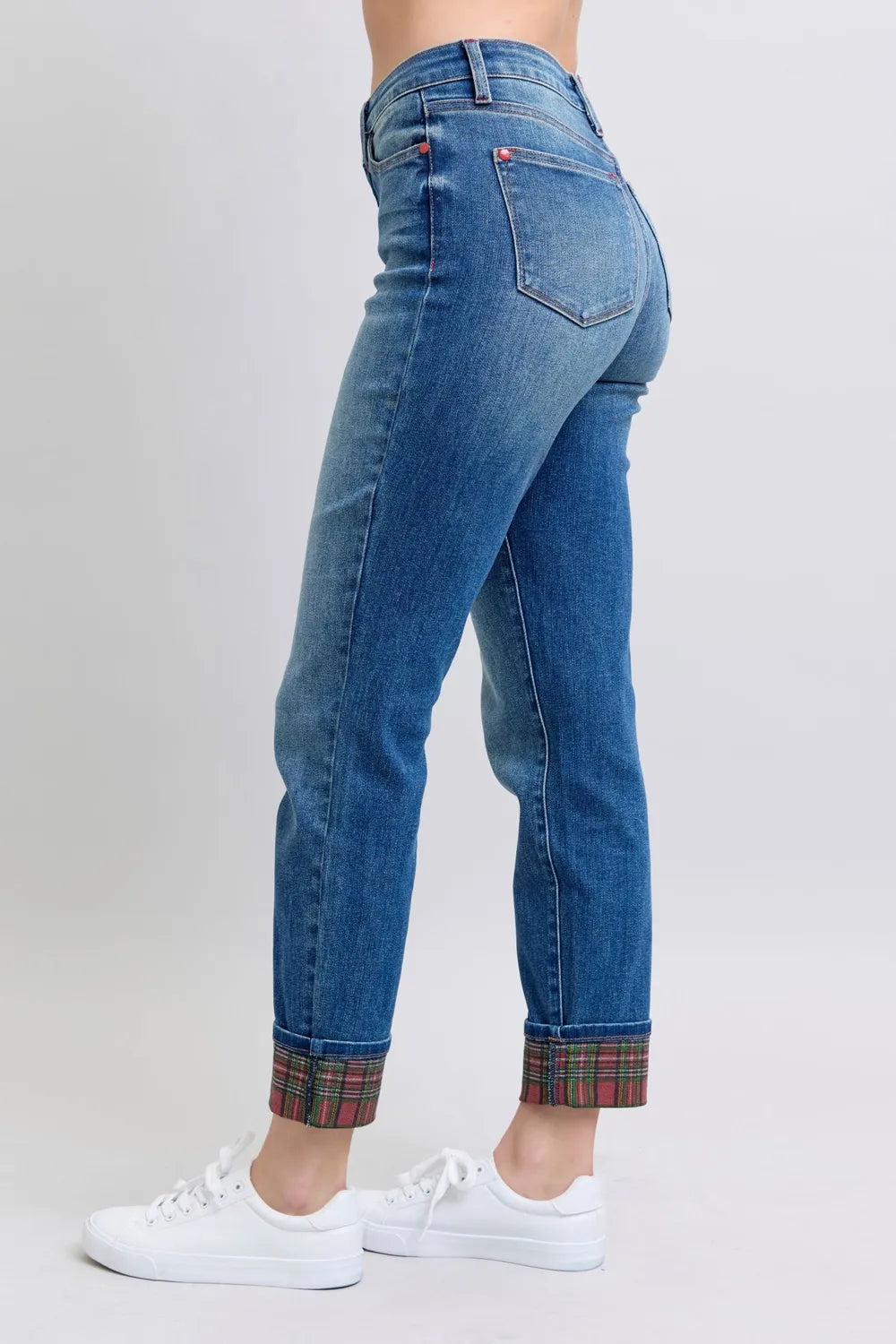 Judy Blue Full Size Plaid Print Cuff Straight Leg Jeans with Pockets - Fashorio