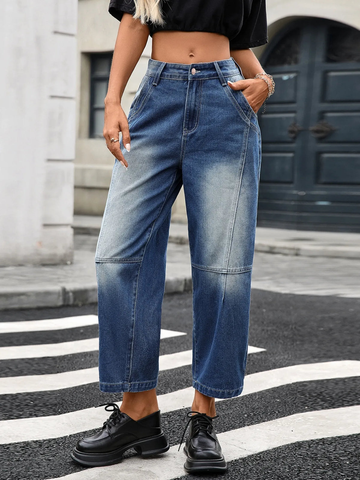 Womens soft drape wide leg denim back view