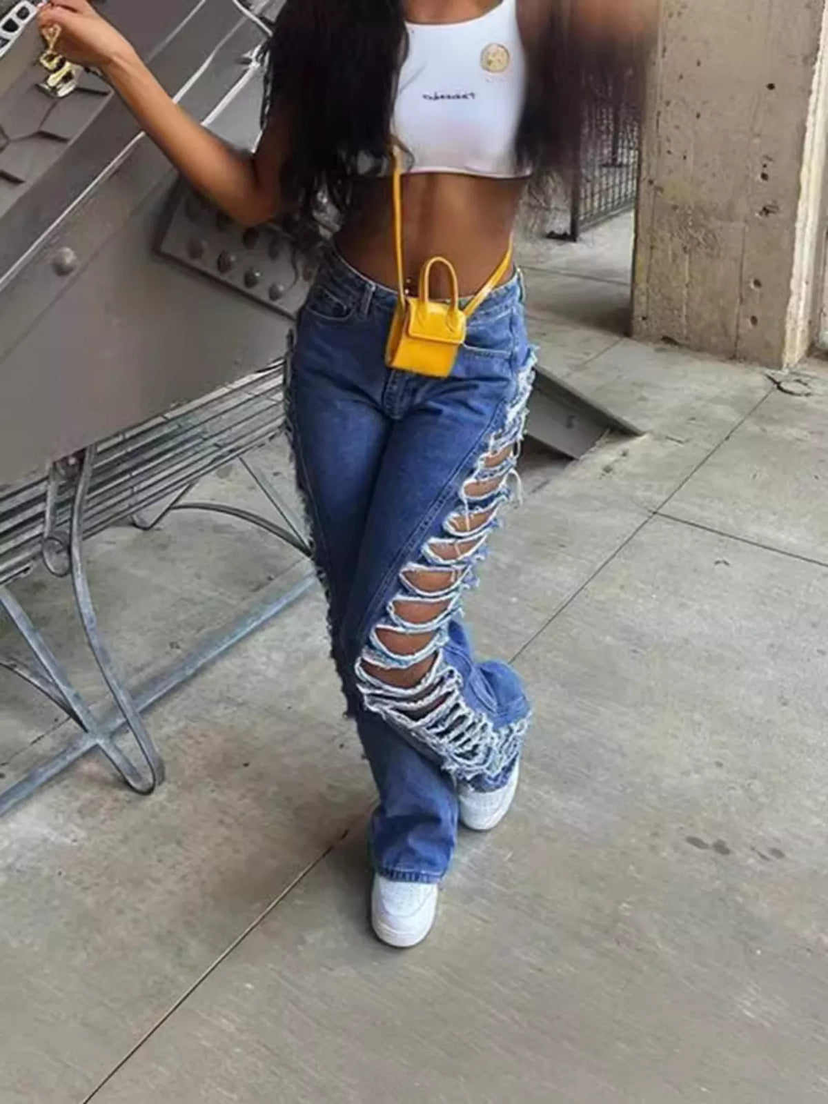 Lace up side cutout detail on jeans