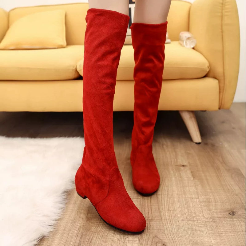 Round toe block heel suede boots front view