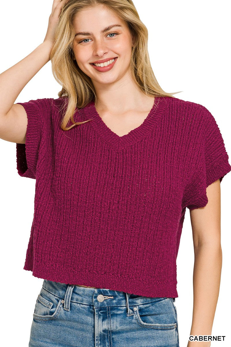 Textured knit v neck cropped sweater front