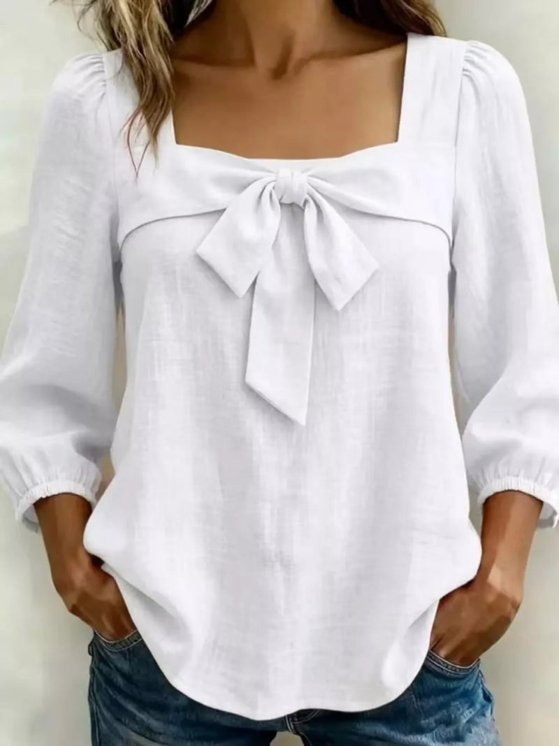 White bow front square neck blouse front view