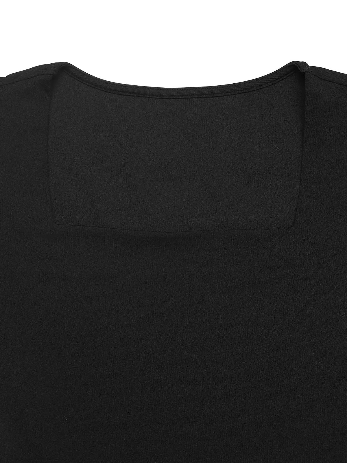Square neck puff sleeve mesh hem dress three quarter view