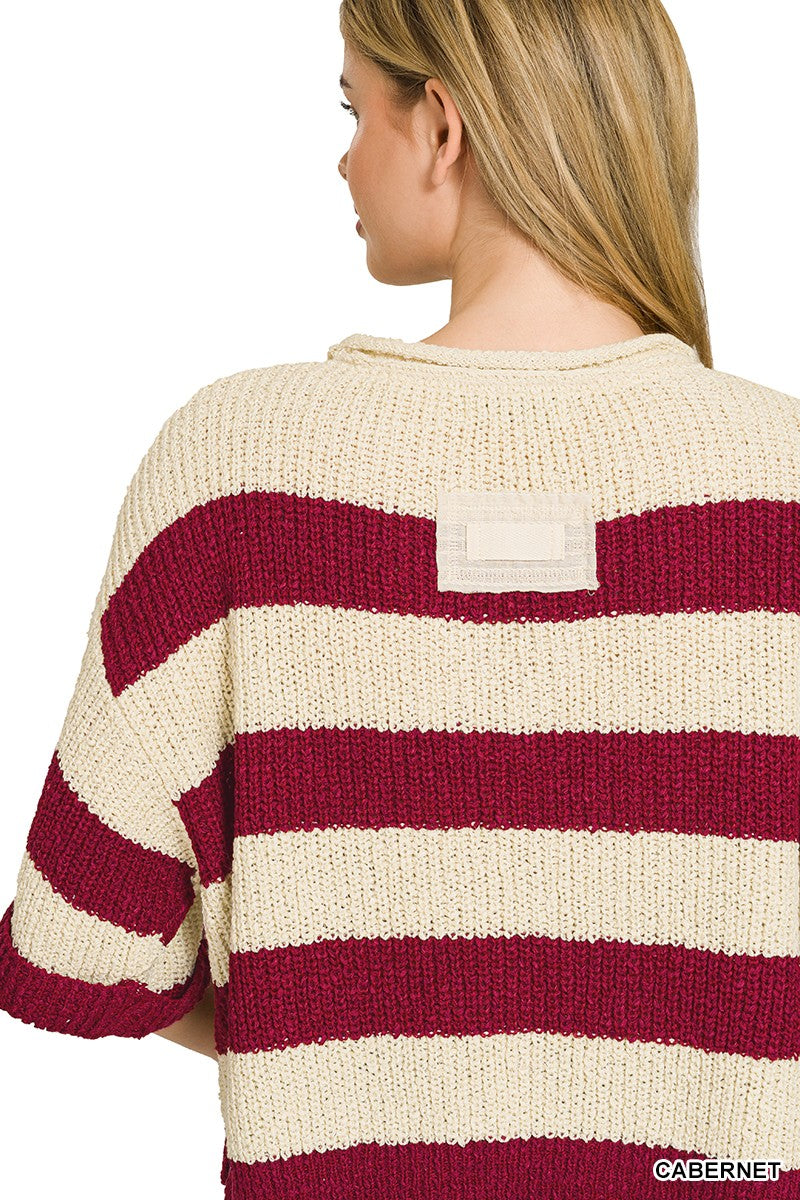 Short sleeve striped knit sweater styling