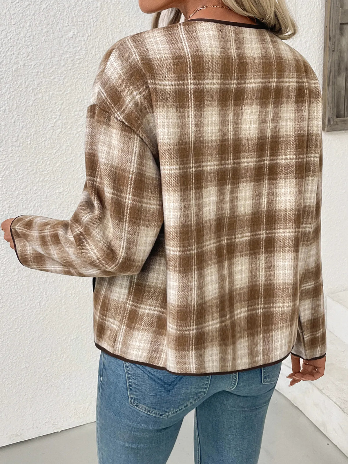 Plaid Button Up Shacket in Khaki styled look
