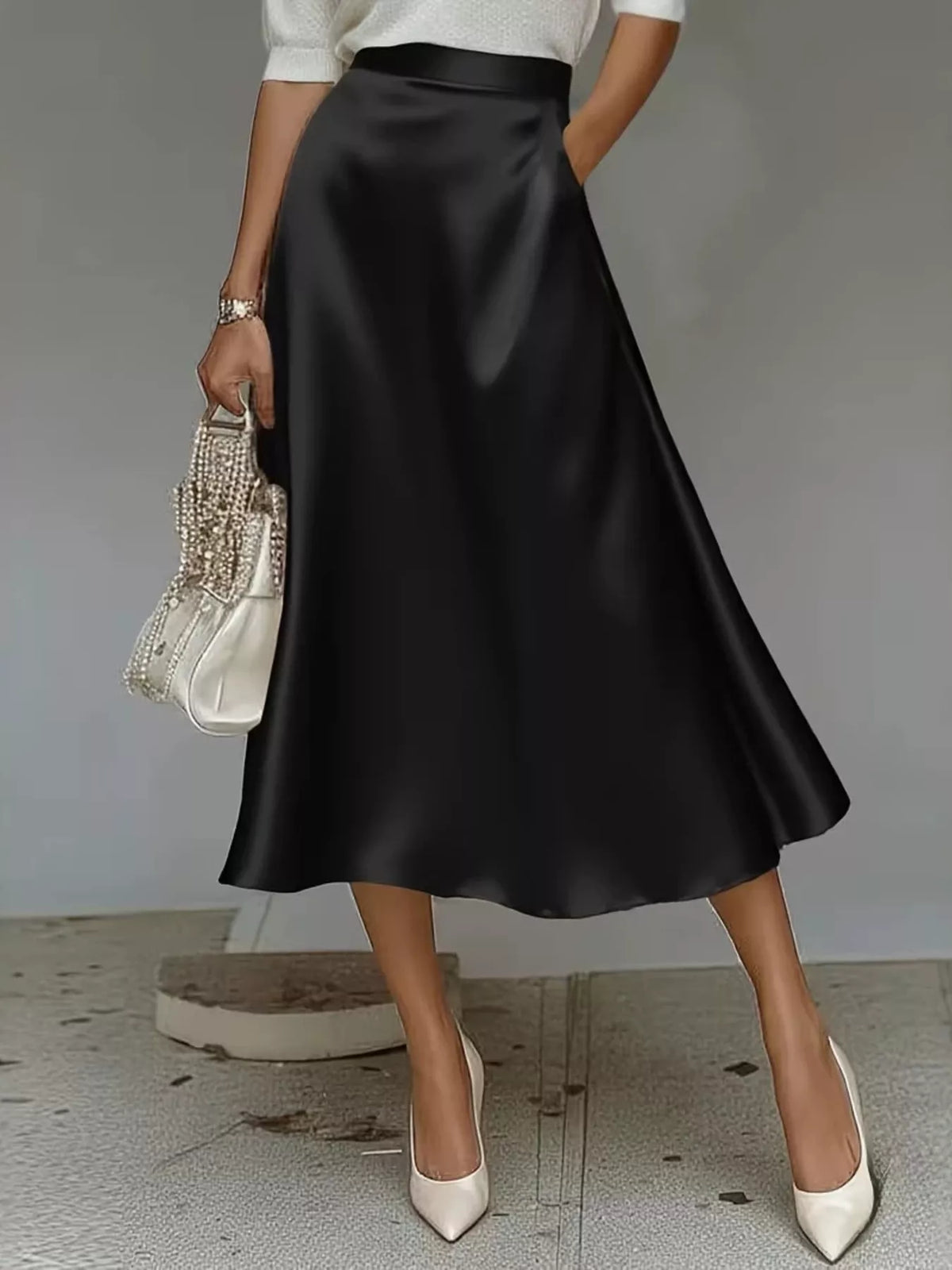 Satin midi skirt close up view