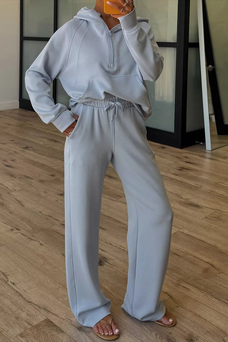 Light blue half zip hoodie two piece set front view
