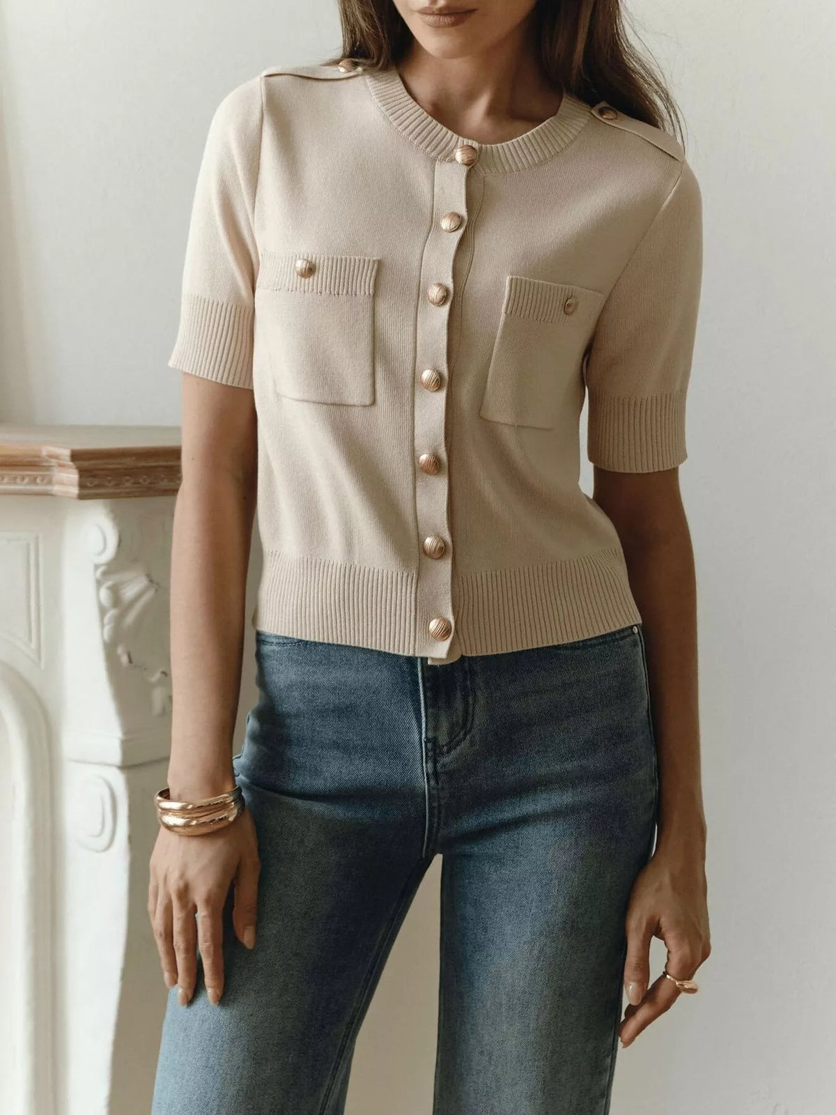 Short sleeve button down cardigan front