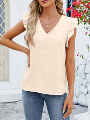 V-Neck Ruffled Sleeve Top Apricot - Fashorio
