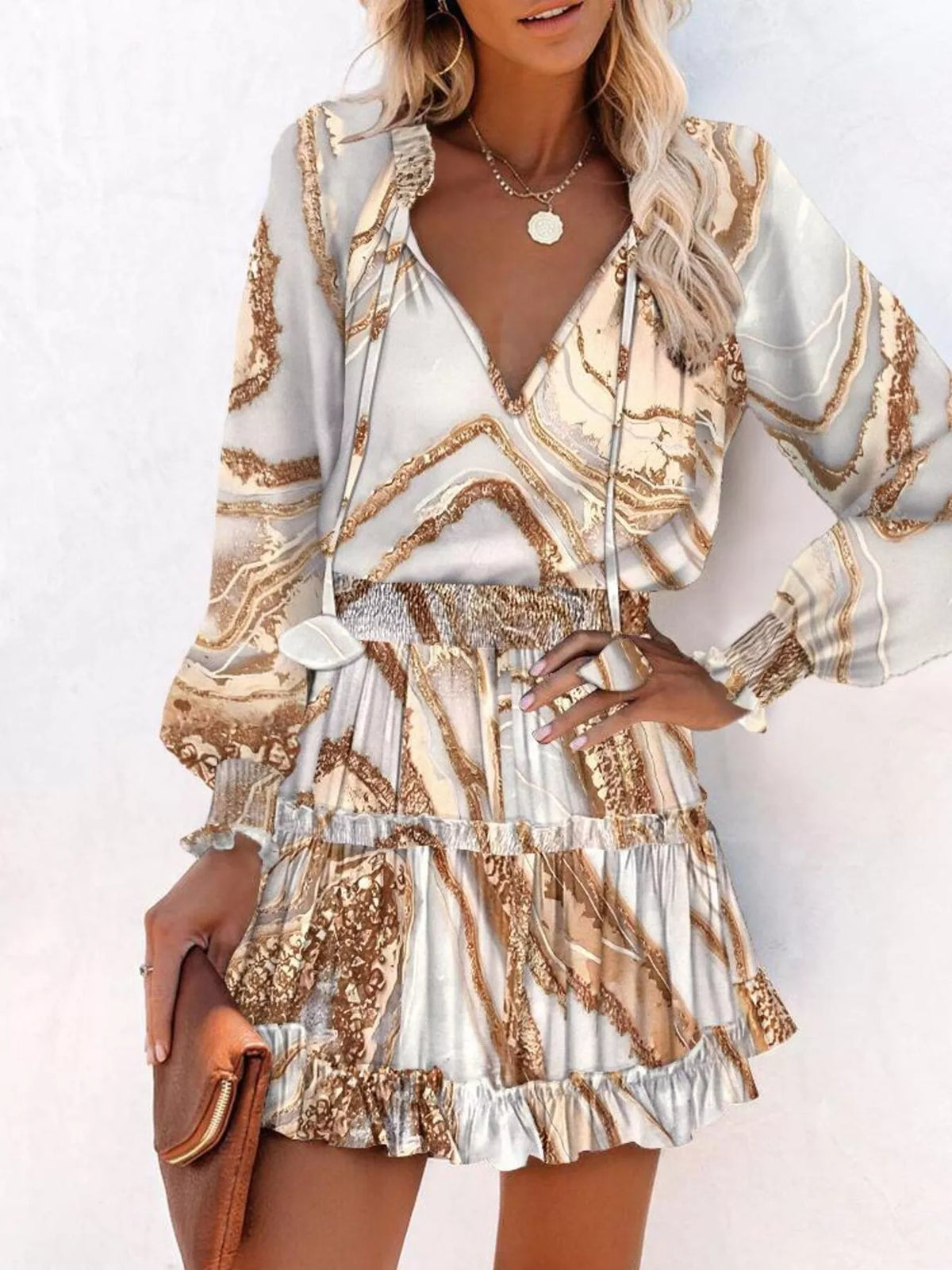 Tie neck lantern sleeve tiered dress full length view