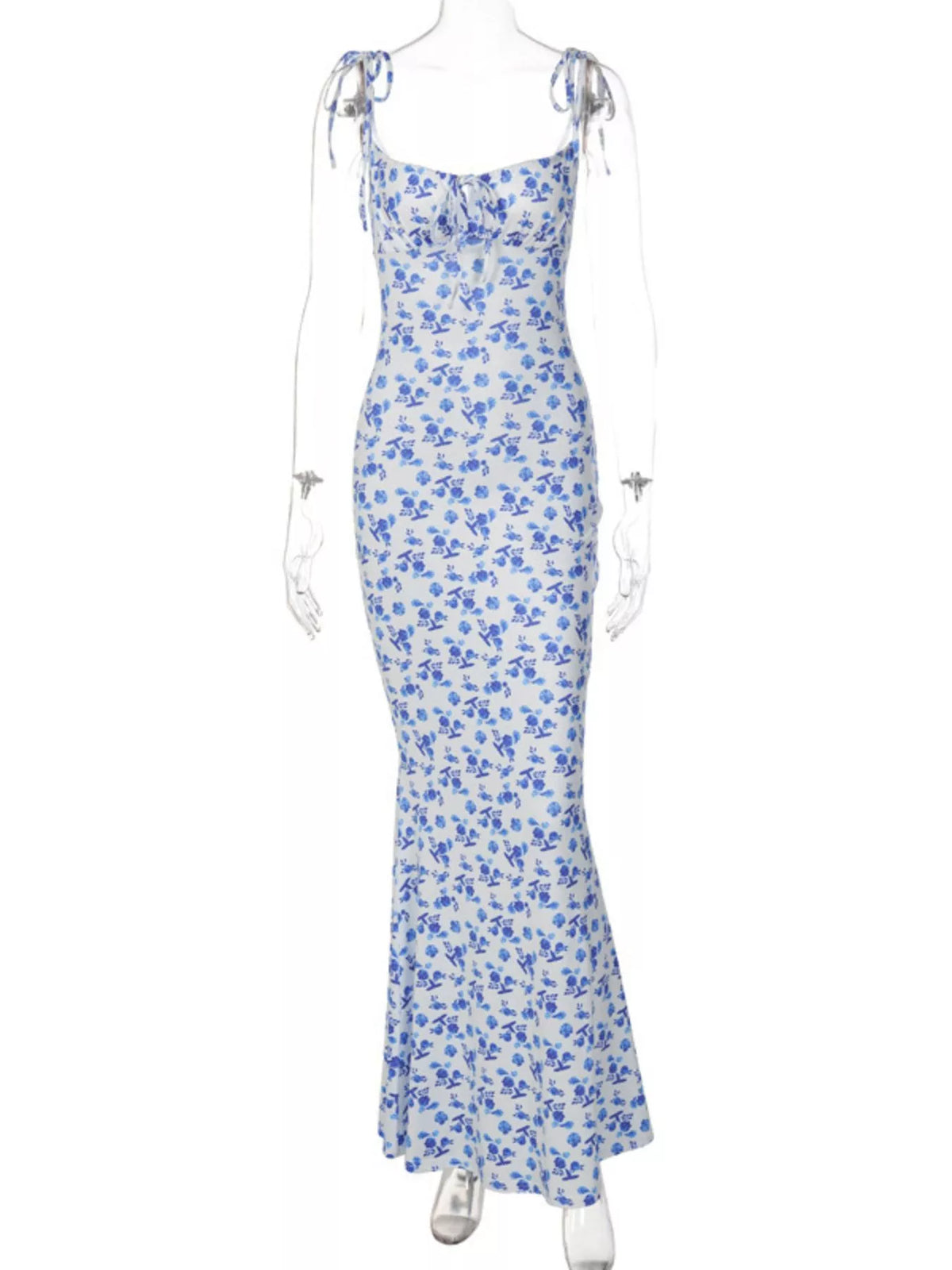 Floral tie strap bodycon maxi dress hemline detail