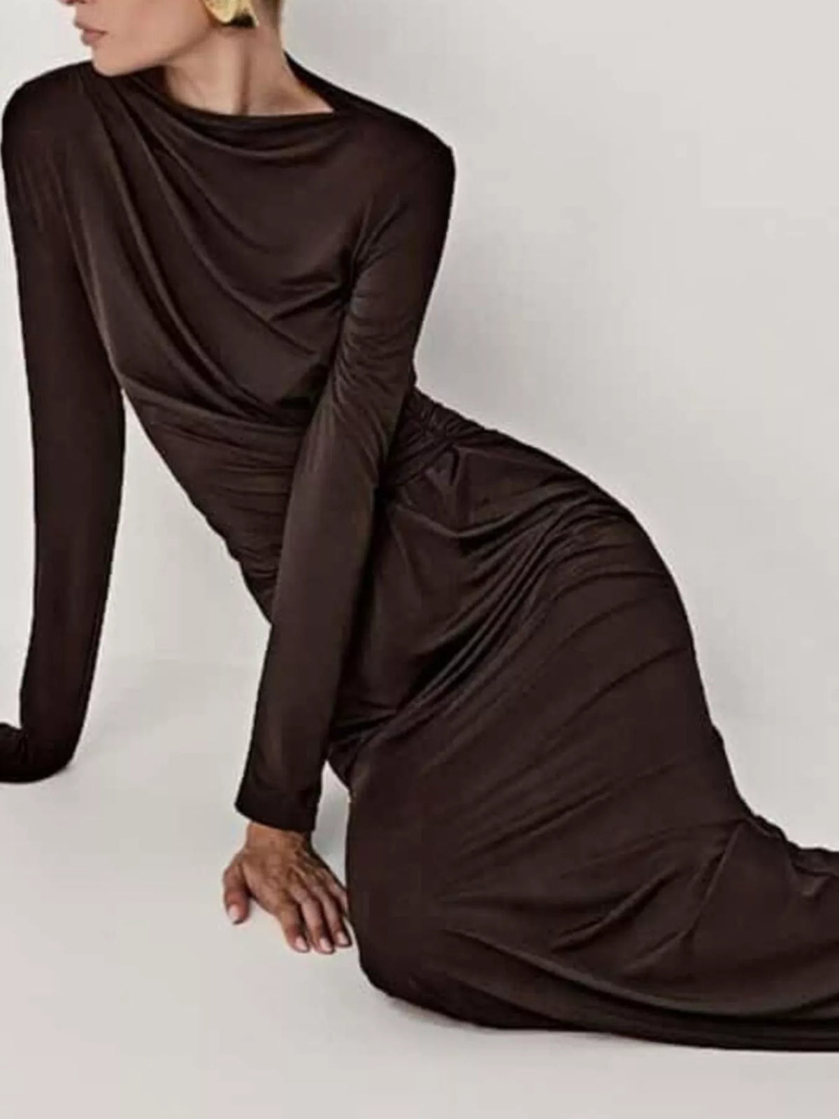 ruched long sleeve bodycon maxi dress back detail