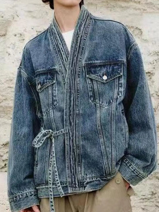 Men's Plus Size Washed Tied Long Sleeve Denim Jacket - Fashorio