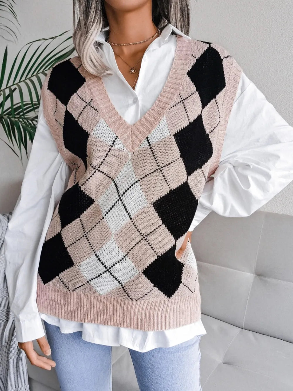Plaid V Neck Sweater Vest in Khaki detail