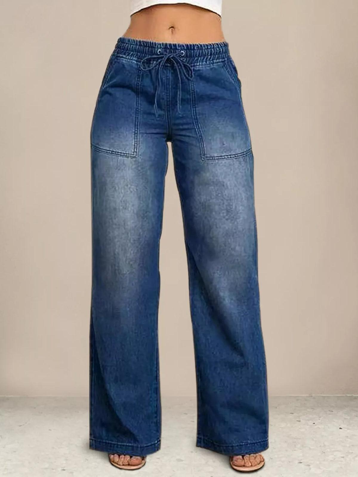 Drawstring waist wide leg jeans front view