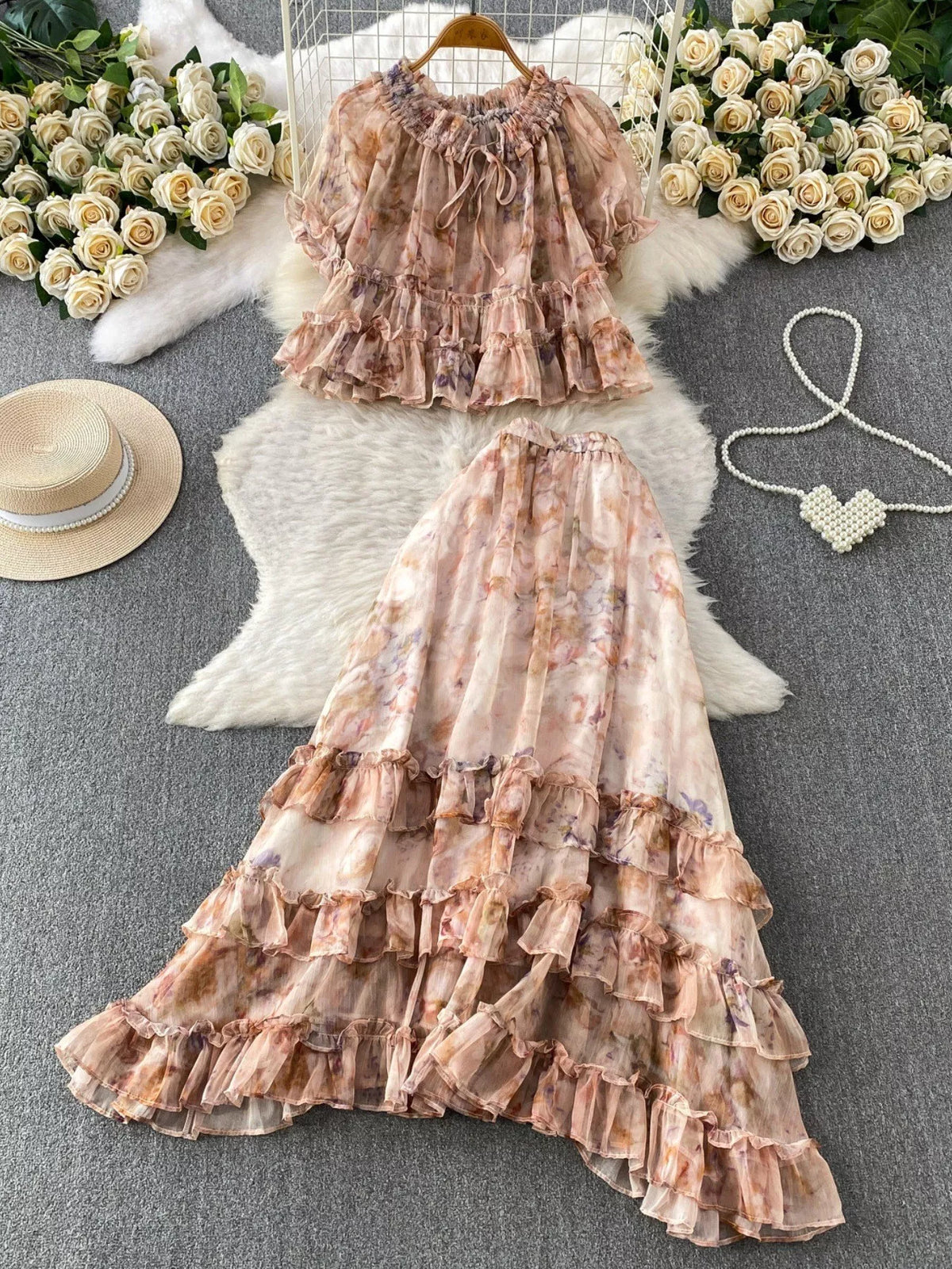 Floral Ruffle Hem Blouse and Skirt Set, view 22