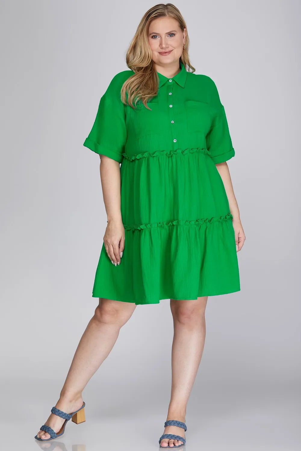 Button Front Frill Tiered Mini Dress Plus Size in Green side view