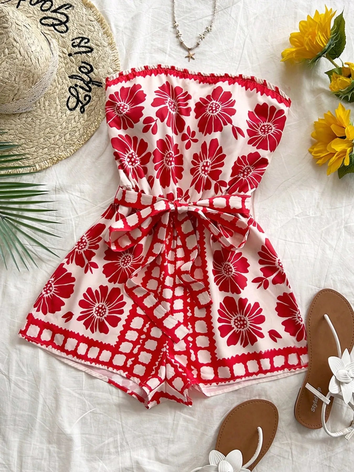 Printed Tube Tie Waist Romper - Fashorio
