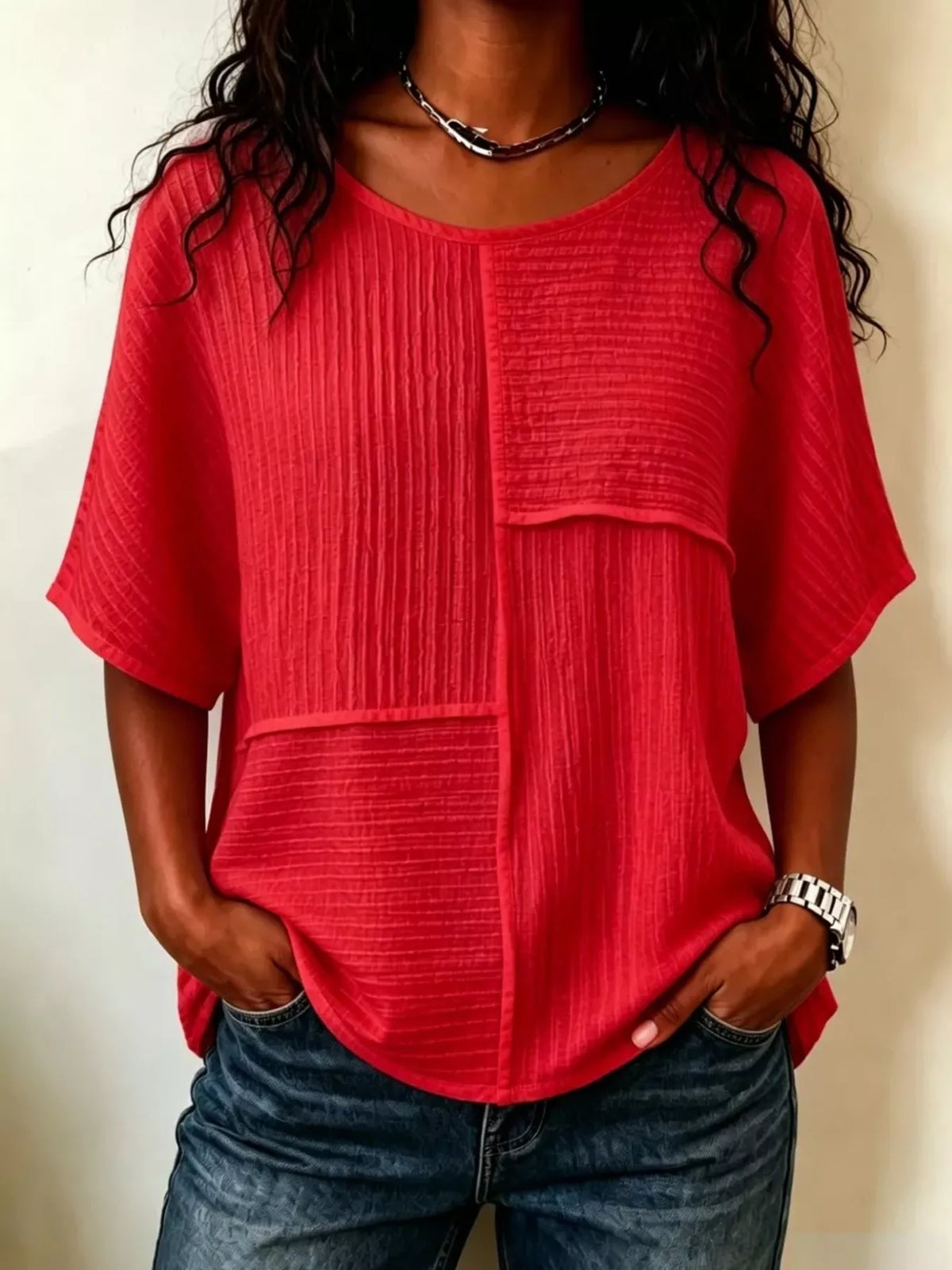 Textured Round Neck Half Sleeve Blouse, view 9