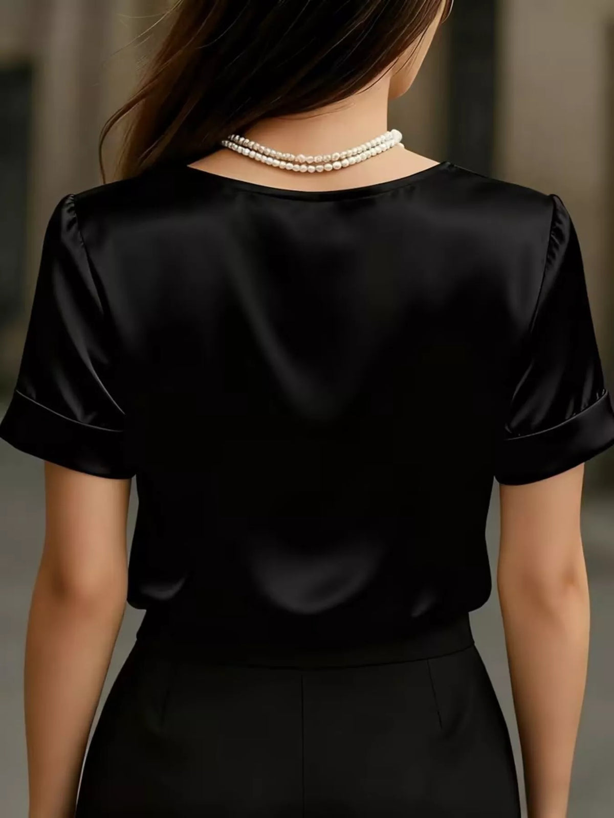 Satin v neck short sleeve blouse styled outfit view