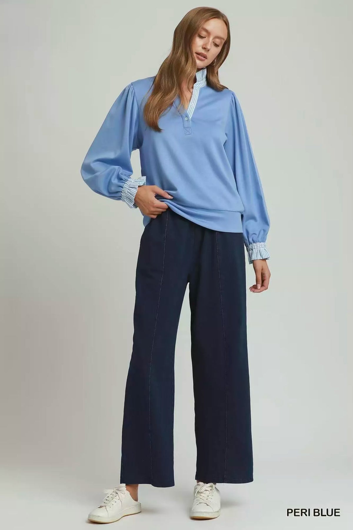 Umgee periwinkle blue striped ruffle neck top, close up fabric detail