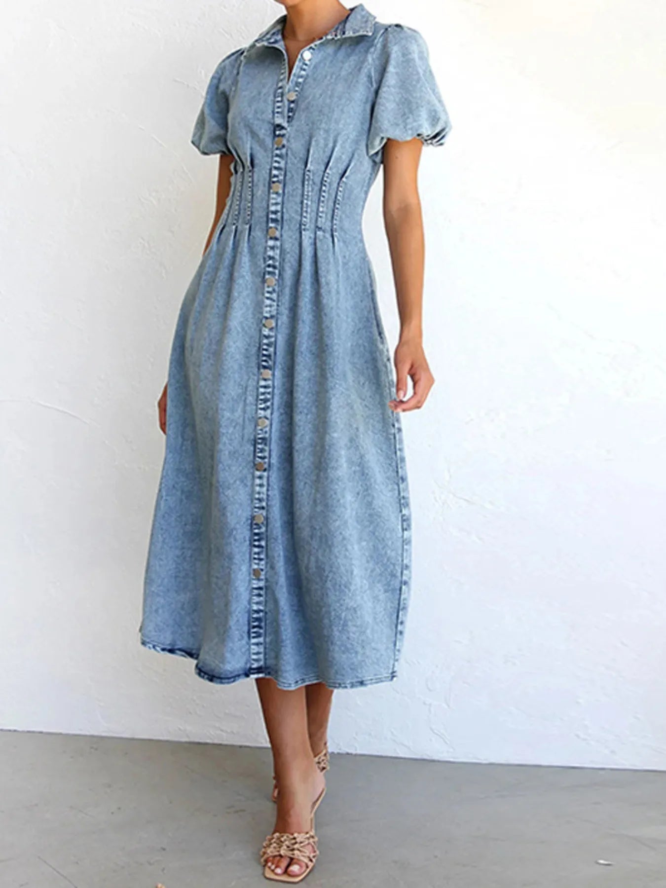 Puff Sleeve Button Front Denim Midi Dress - Fashorio