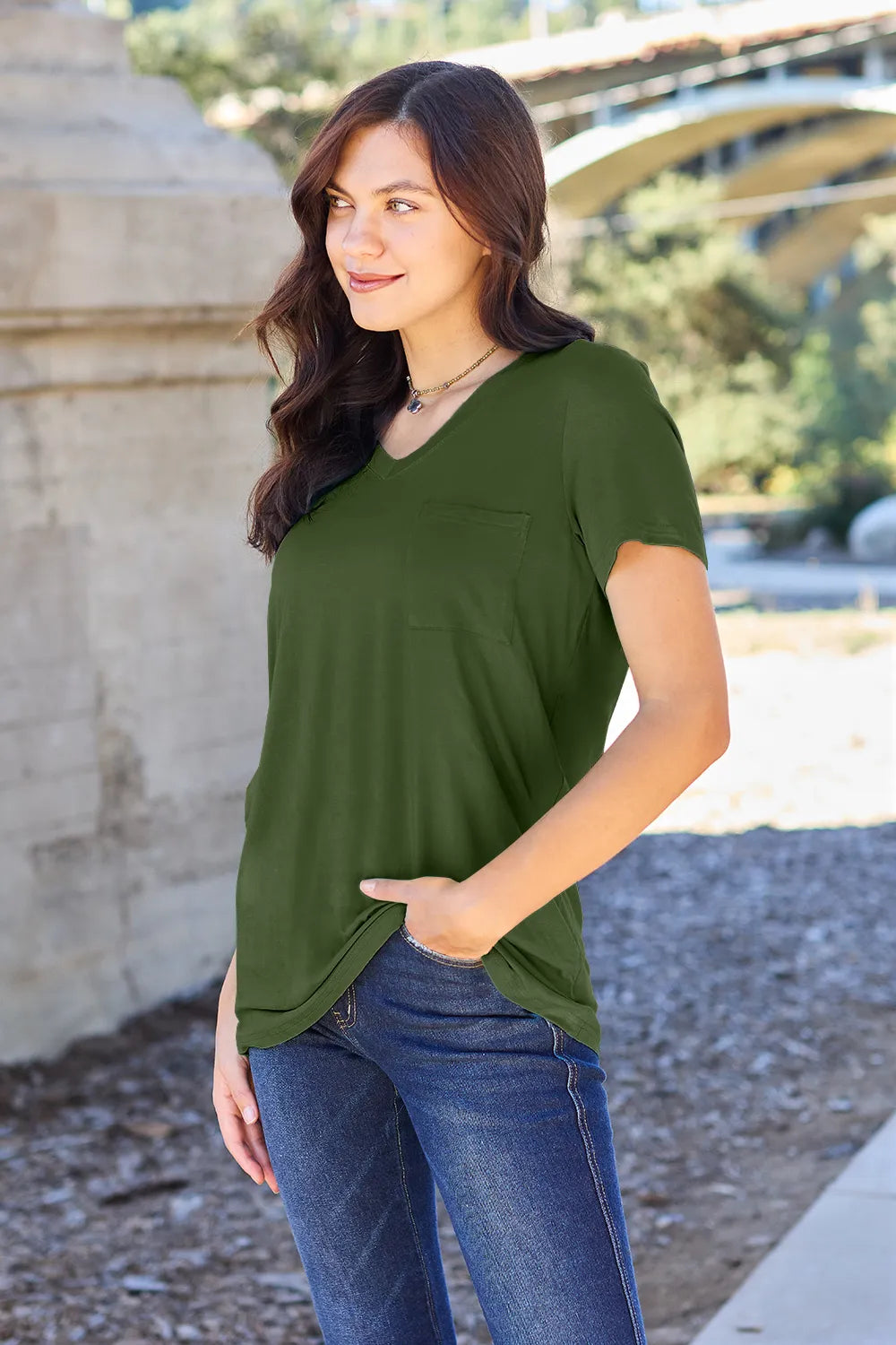 V neck pocket womens top back view