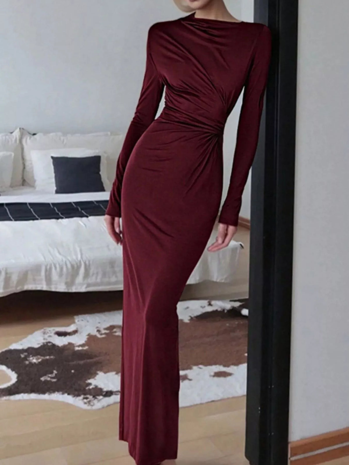 ruched long sleeve bodycon maxi dress fabric detail