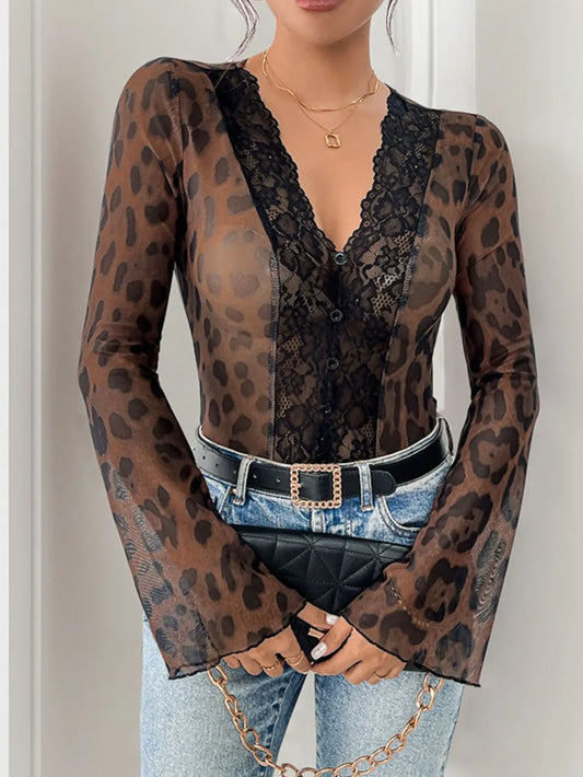 Perfee Leopard V-Neck Lace Bodysuit Brown - Fashorio