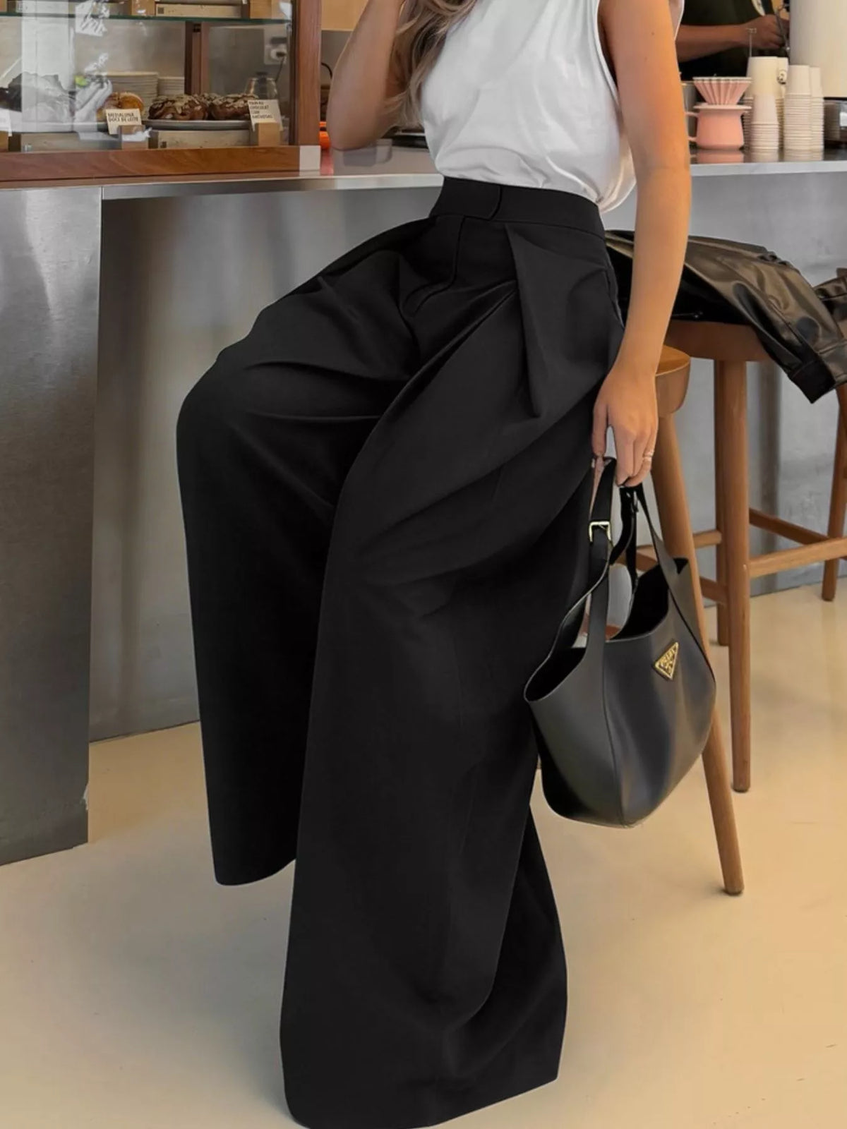 Yellow wide leg trousers styled with a plain tee