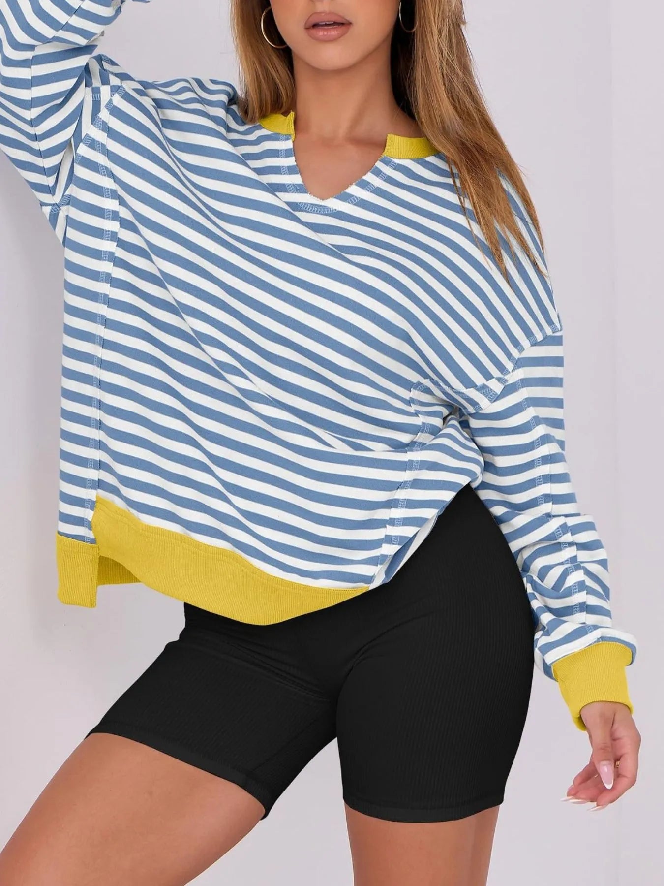Notched Long Sleeve Oversized Sweatshirt - Fashorio