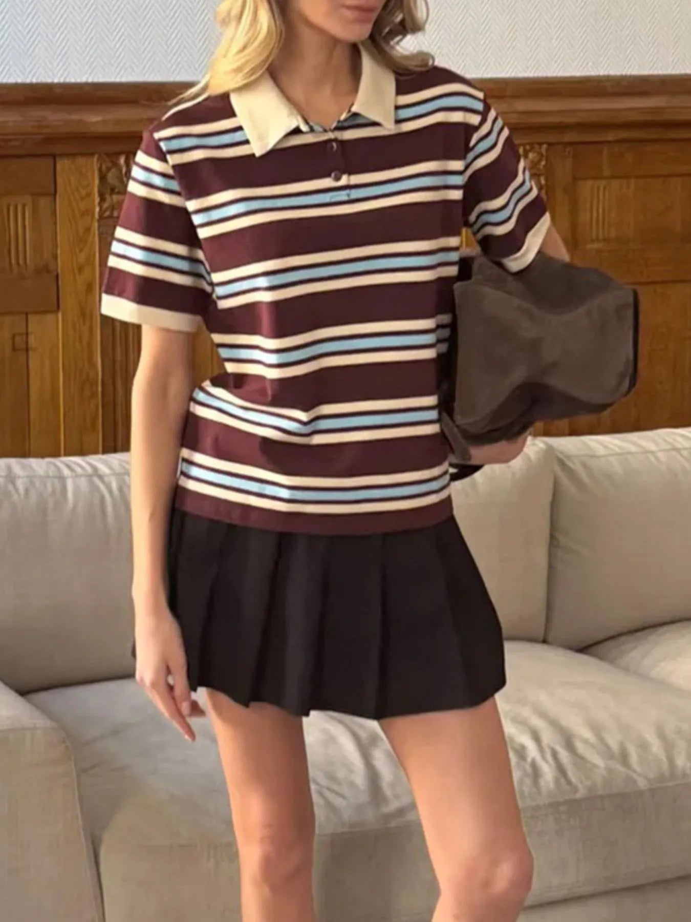 Striped Polo T-Shirt with Contrast Collar - Fashorio