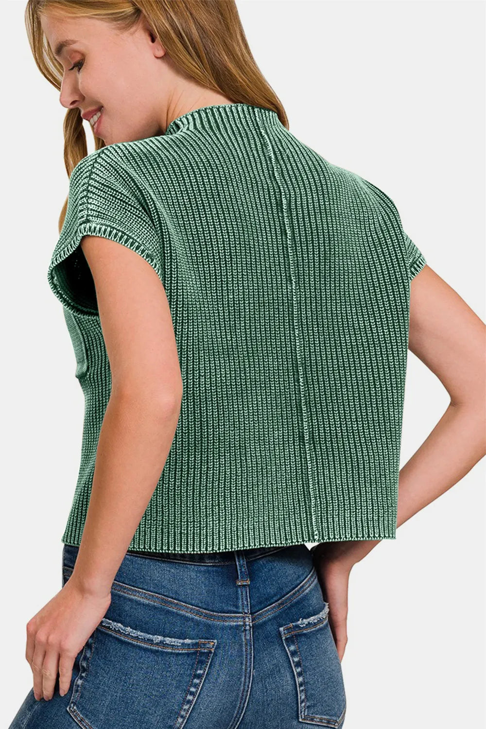 Washed Mock Neck Short Sleeve Cropped Sweater in Dark Green back view