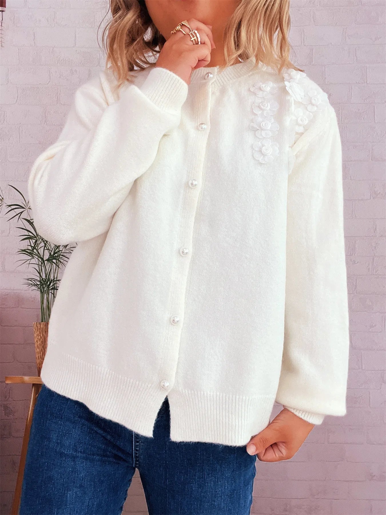 Flower Button Up Long Sleeve Cardigan White One Size - Fashorio