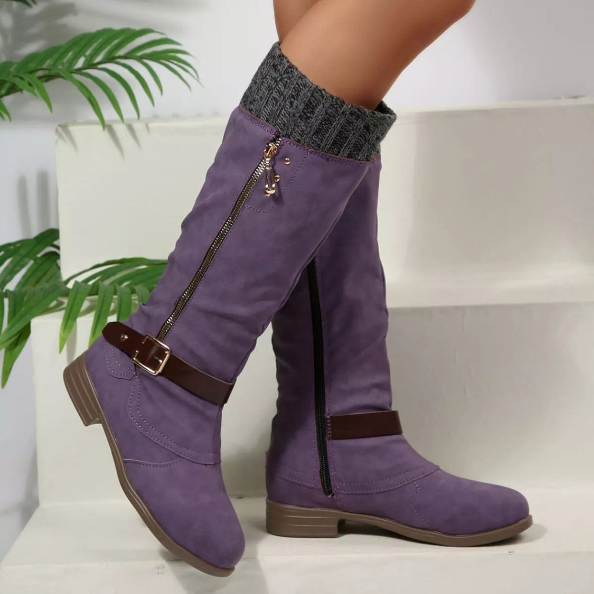 Brown round toe block heels boots worn on model