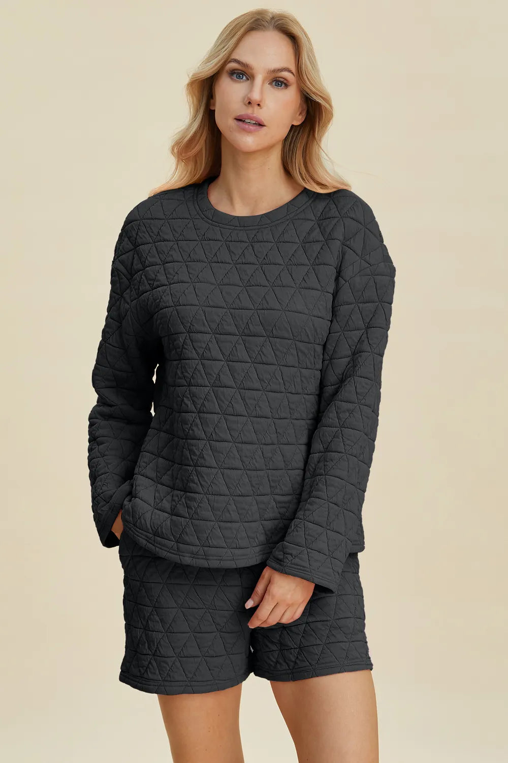 Long sleeve top and shorts set in a neutral colorway