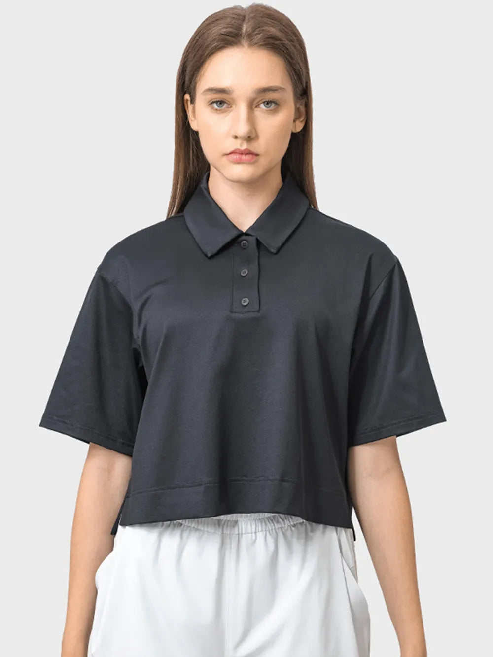 Half button short sleeve active tee styled outfit view