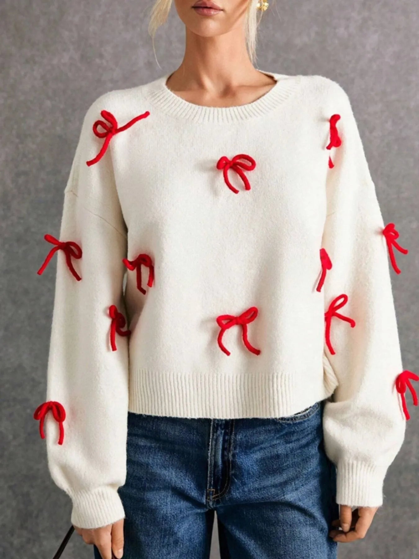 Bow Contrast Round Neck Long Sleeve Sweater - Fashorio