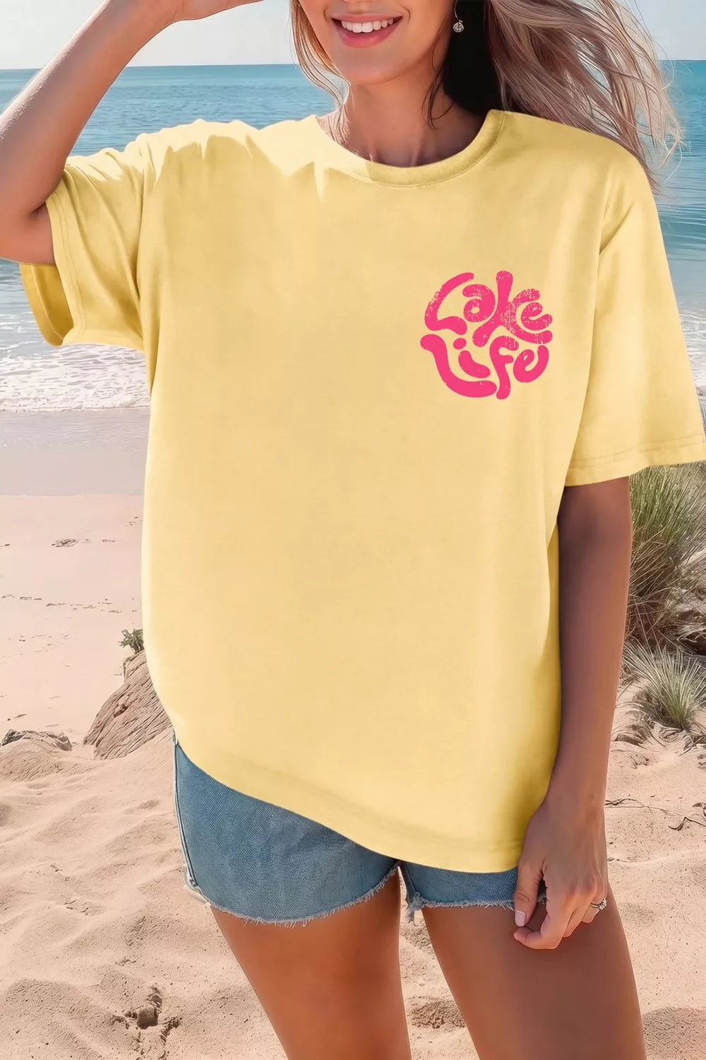 Pastel yellow slogan print round neck tee back view