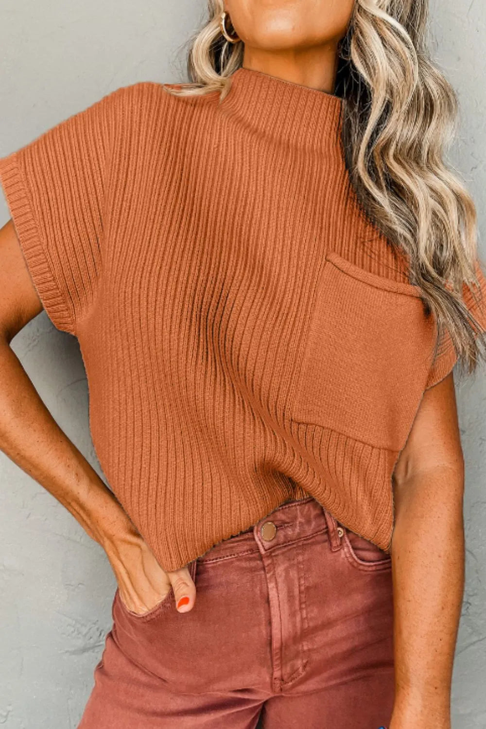 Mock Neck Sweater Vest with Chest Pocket in Caramel