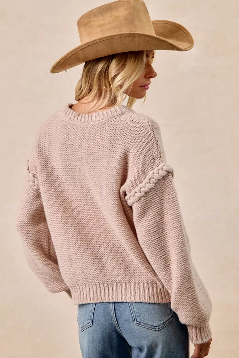 Cable Knit Sweater with Shoulder Braid in Mocha view 10