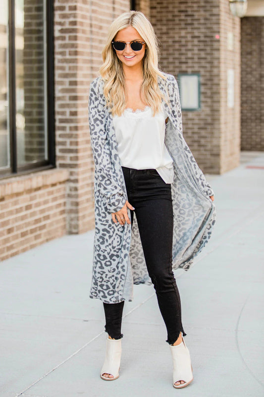 Open Front Leopard Cardigan Cloudy Blue - Fashorio