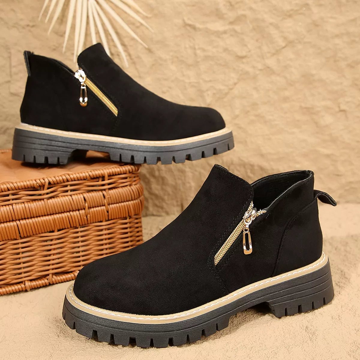 Suede round toe platform boots back view