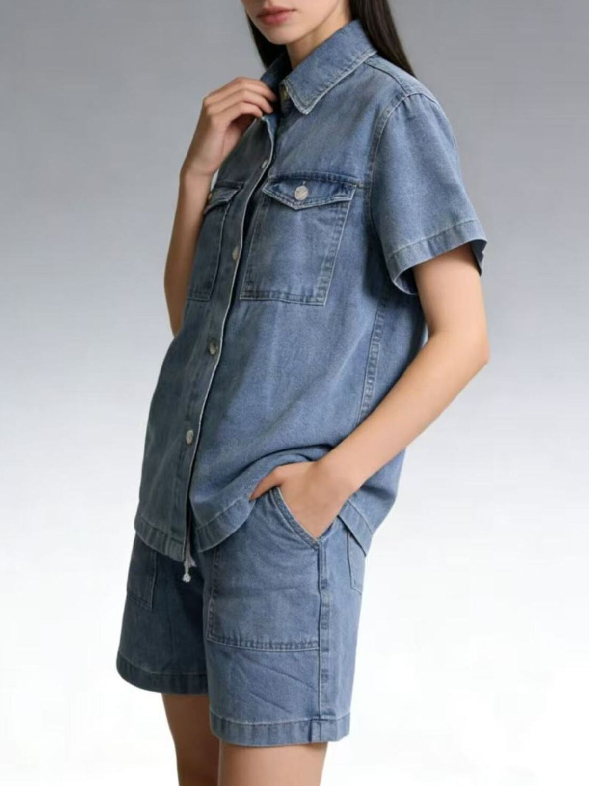 Button up short sleeve top and matching shorts side