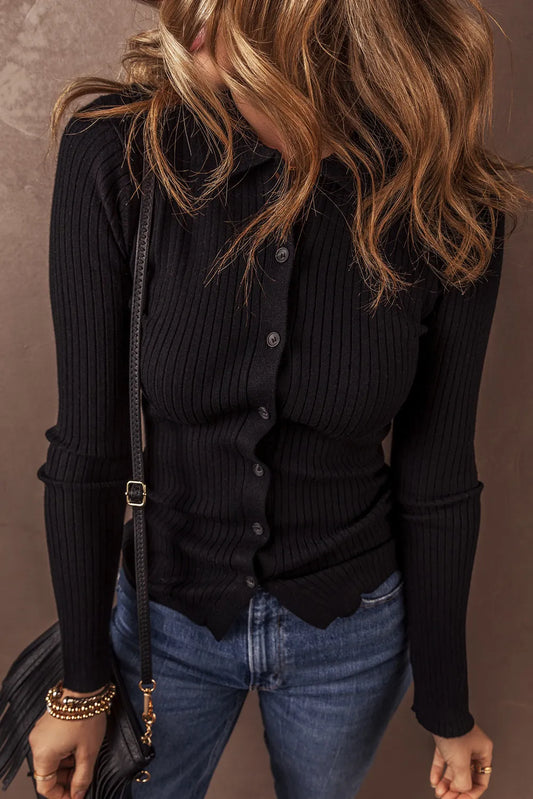 Button Up Collared Neck Cardigan Black - Fashorio