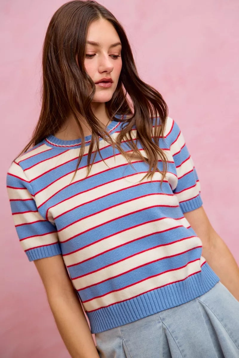Striped crew neck sweater top side pose