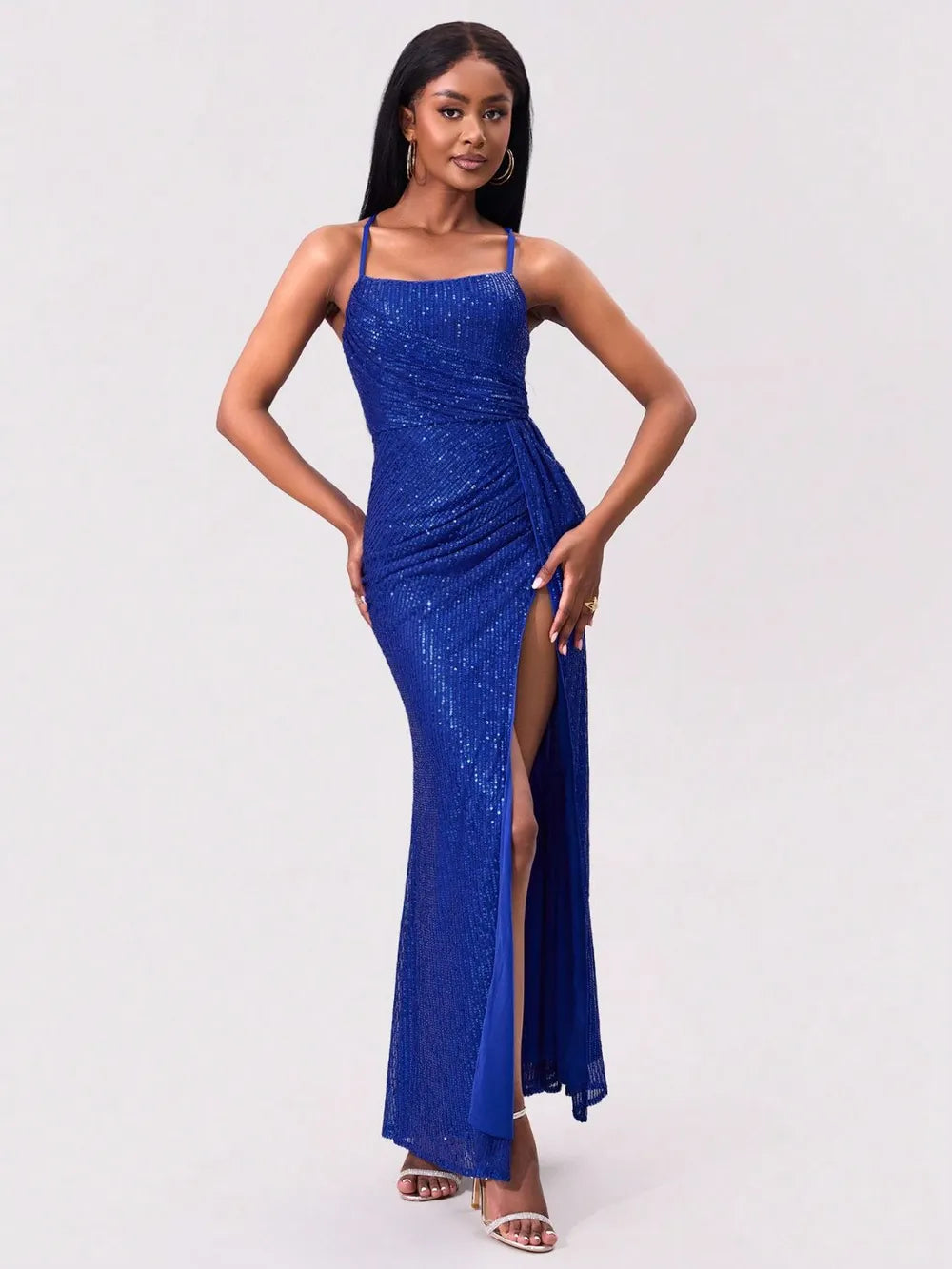 Royal blue slit sequin square neck maxi dress front view