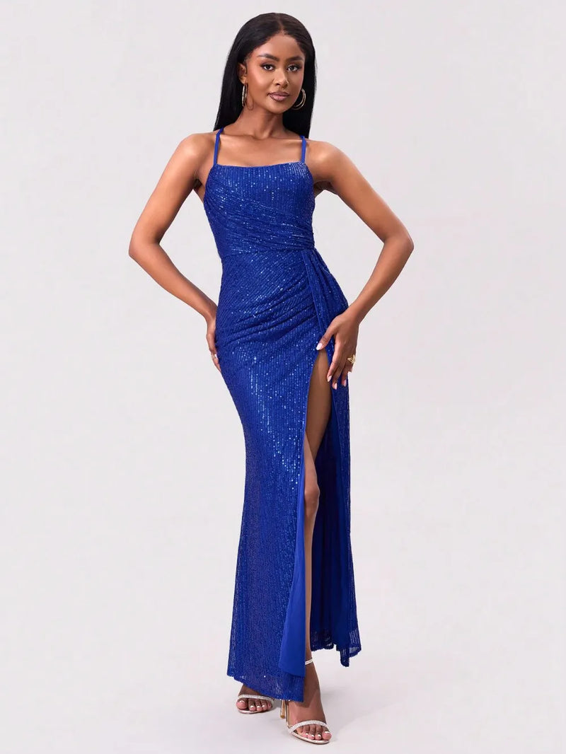 Royal blue slit sequin square neck maxi dress front view