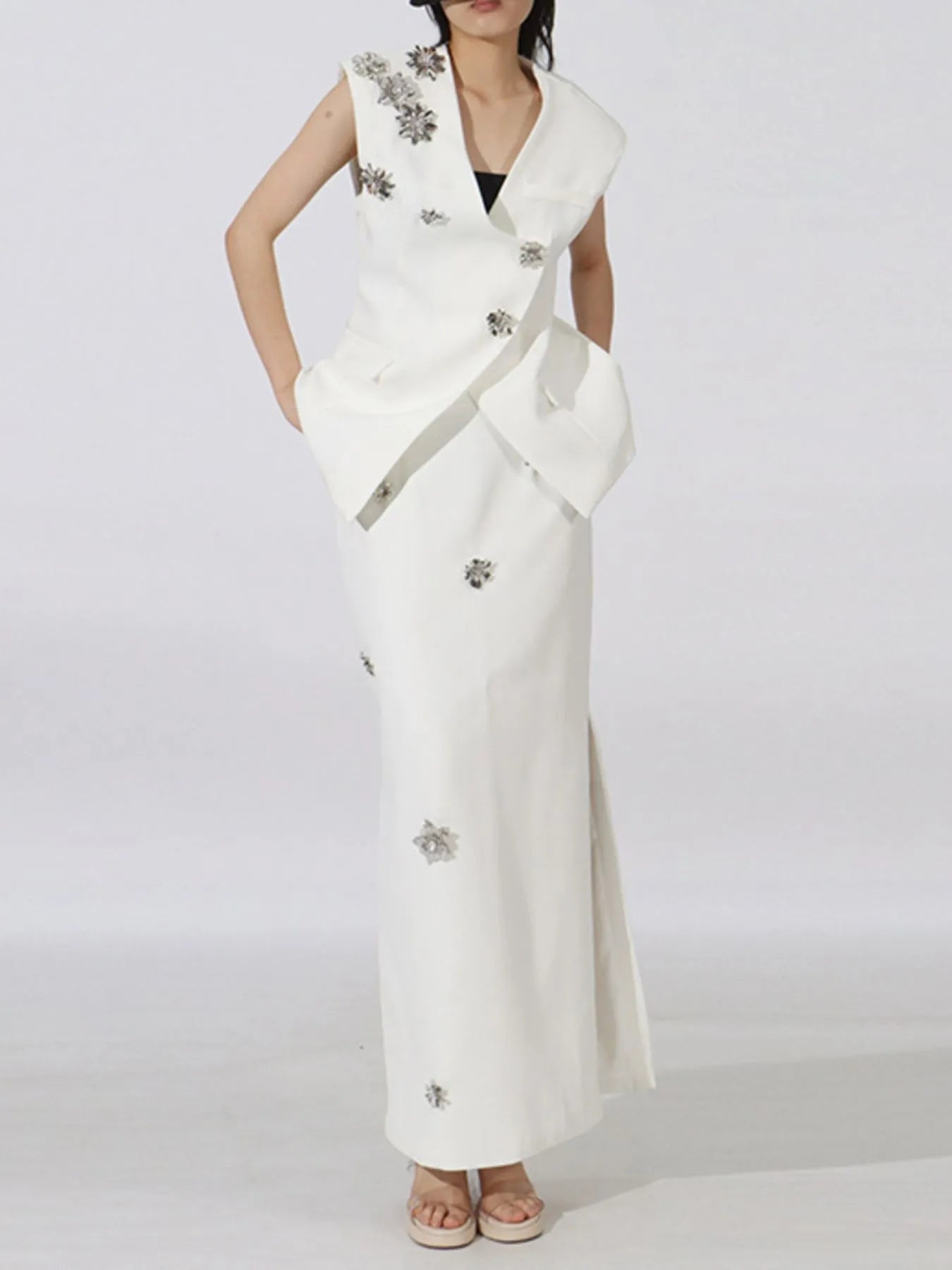 Flower Sleeveless Vest and Skirt Set White - Fashorio