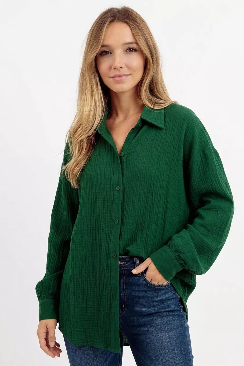 Green oversized button up gauze shirt back view